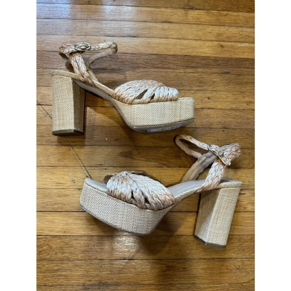 Marc Fisher Chela Raffia Woven Platform Sandals Size 9.5